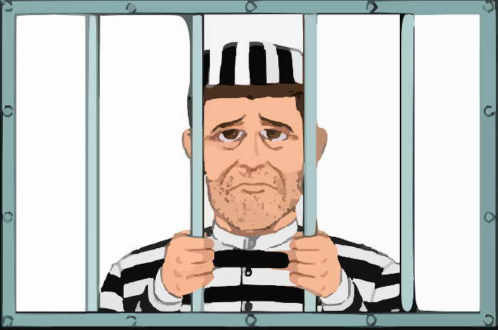 Getekende afbeelding van een gevangene achter de tralies.