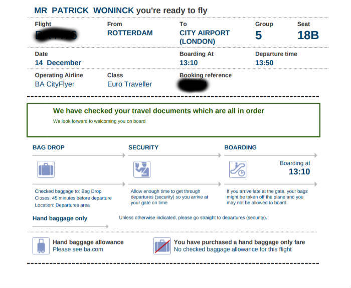 Screenshot van een boarding pass voor een vlucht van Rotterdam Airport naar Londen City Airport.